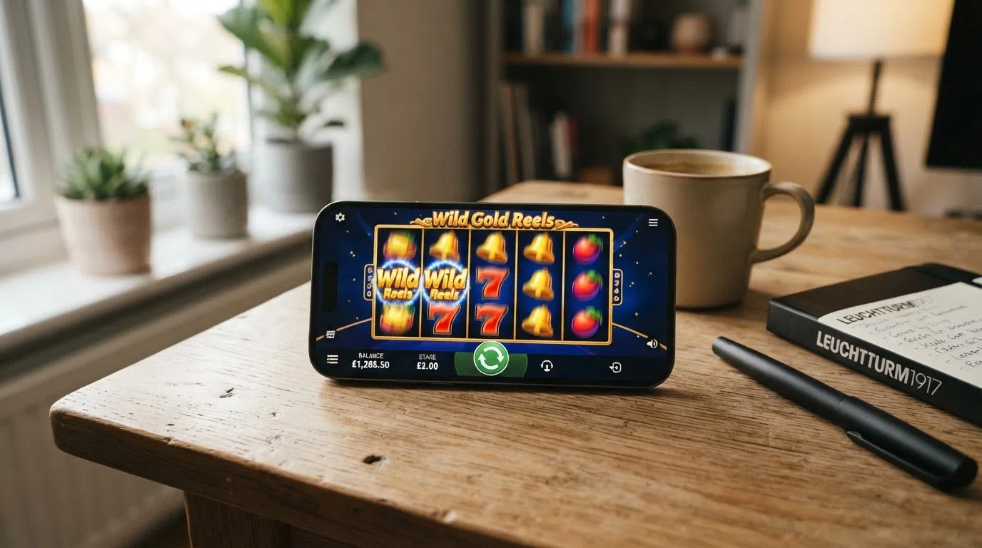 A mobile phone in landscape orientation displaying a colourful online slot game reels with the stake amount and balance visible at the bottom of the screen
