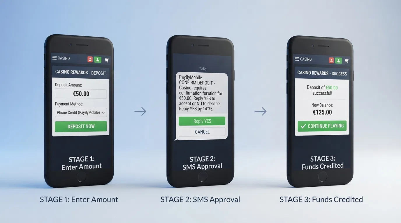 A three-step diagram showing the phone credit deposit sequence: a mobile phone screen with the casino cashier, an incoming SMS confirmation prompt, and a casino balance screen showing the credited funds