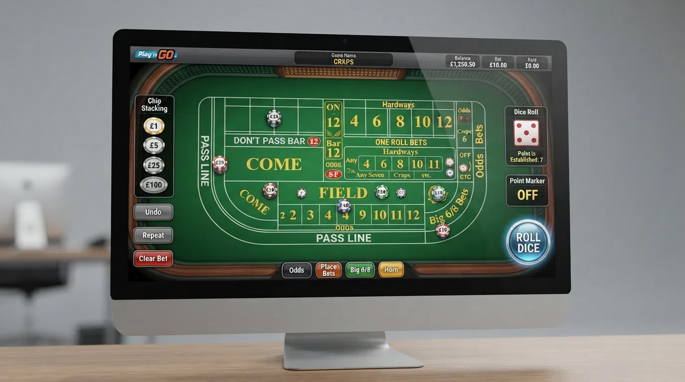 A screenshot of the Play'n GO Craps RNG table game interface showing the green baize layout, chip-stacking area and betting zones on a desktop screen