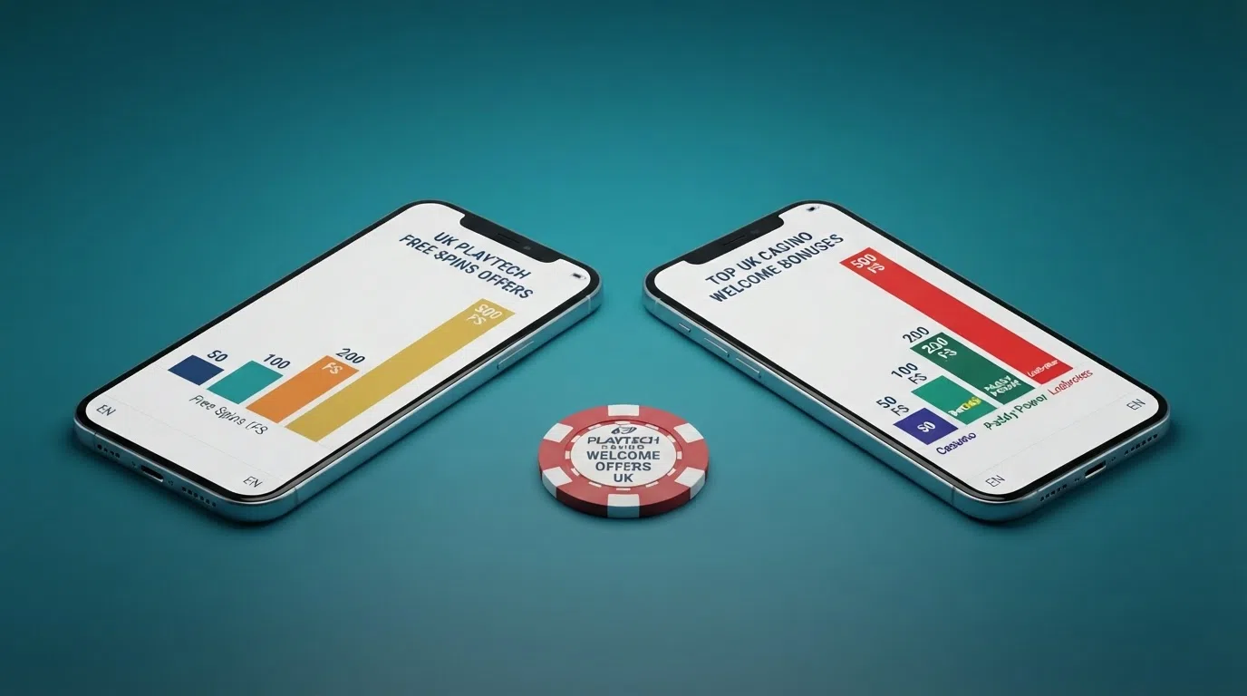 Side-by-side comparison table of UK Playtech casinos showing licence status, welcome offers and wagering requirements