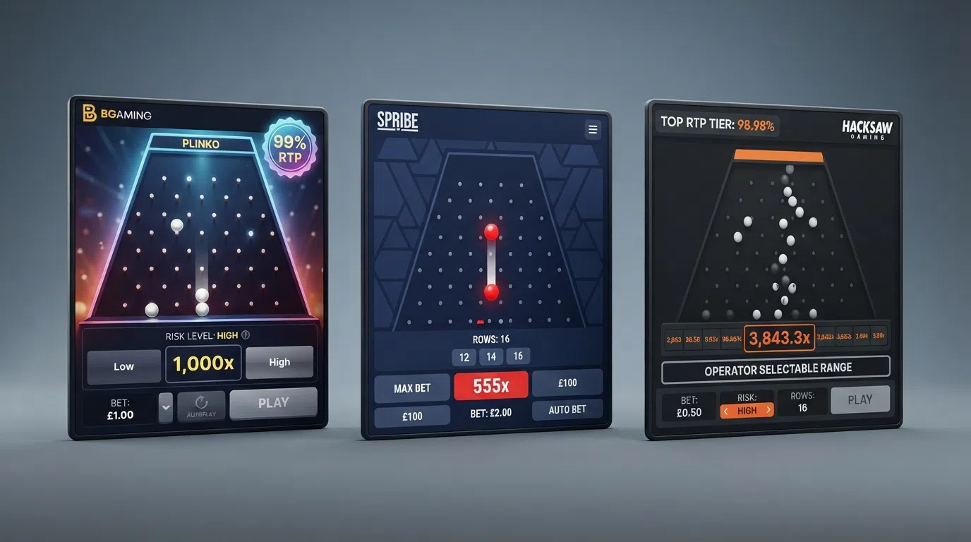 Three Plinko game interfaces side by side — BGaming, Spribe, and Hacksaw Gaming — each showing the risk-level selector and multiplier display