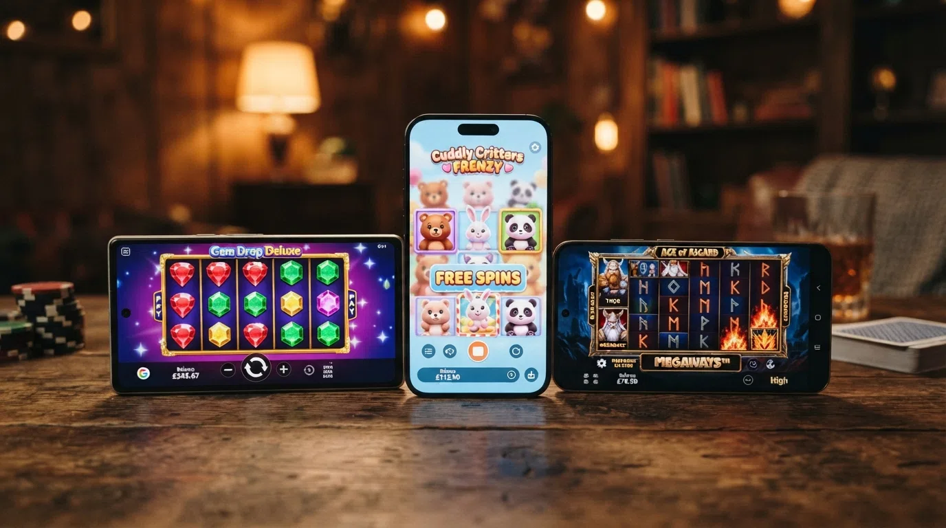 Starburst, Fluffy Favourites and Gates of Olympus slot screens in a horizontal row, each showing its distinctive reel set and theme
