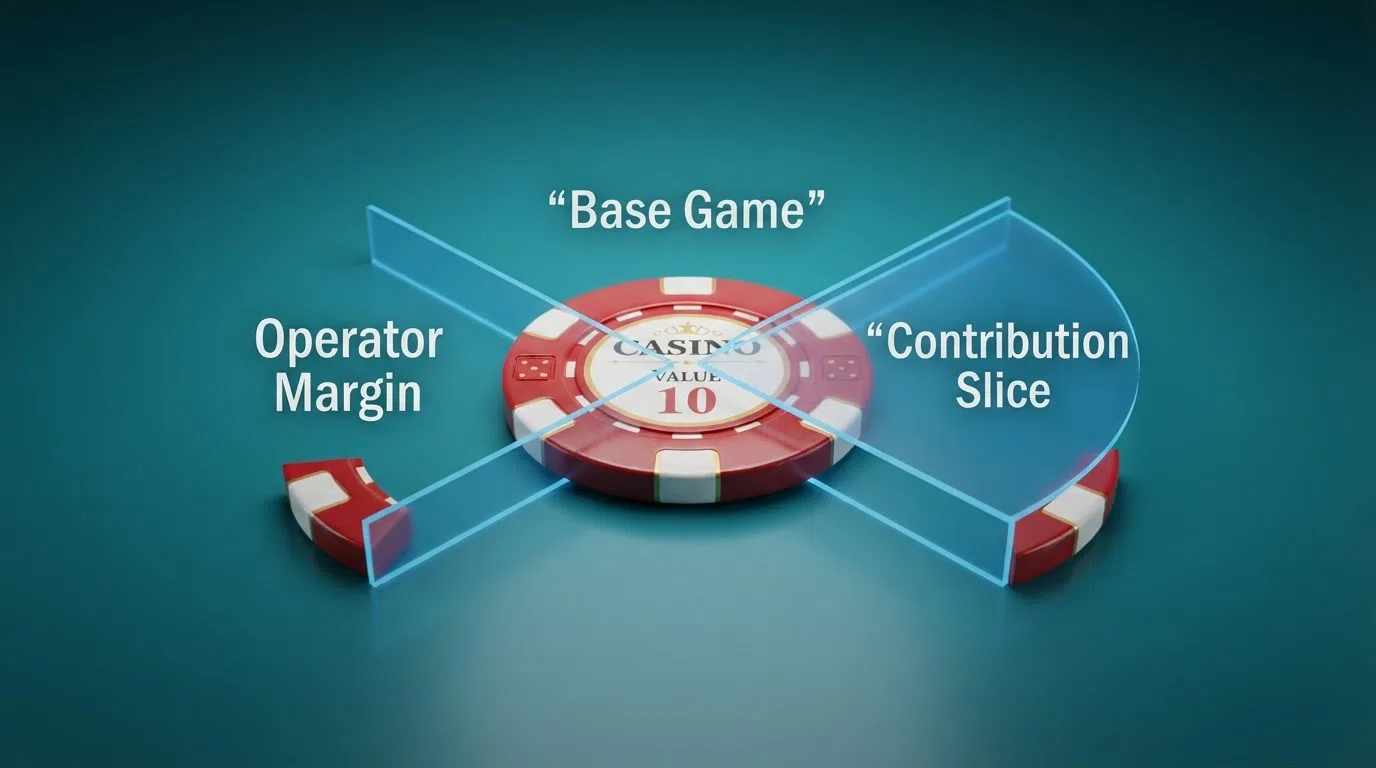 A diagram showing how a single £5 spin splits into three portions: the base-game return, the jackpot contribution slice, and the operator margin