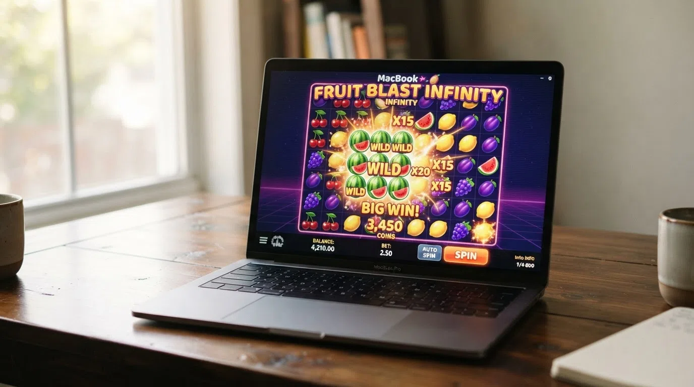 Jammin' Jars 8×8 cluster-pays grid with colourful fruit symbols cascading during a winning spin