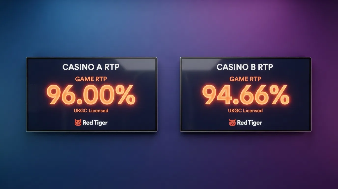 A side-by-side comparison of the RTP information screens for the same Red Tiger slot title at two different UK casinos, with the RTP percentage circled on each