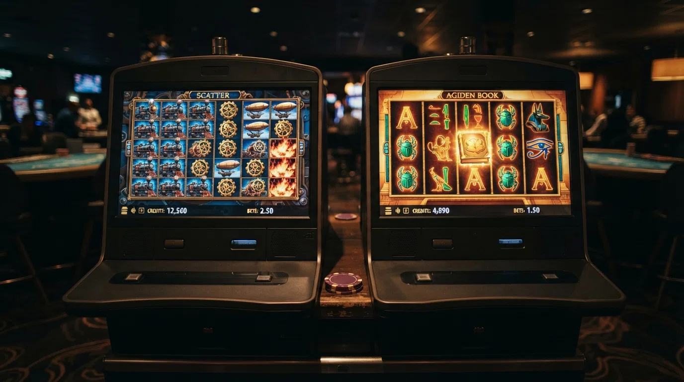 A split-screen of two Relax Gaming slot reels: Money Train 4's 6×6 scatter-pays grid on one side and Book of 99's classic layout on the other