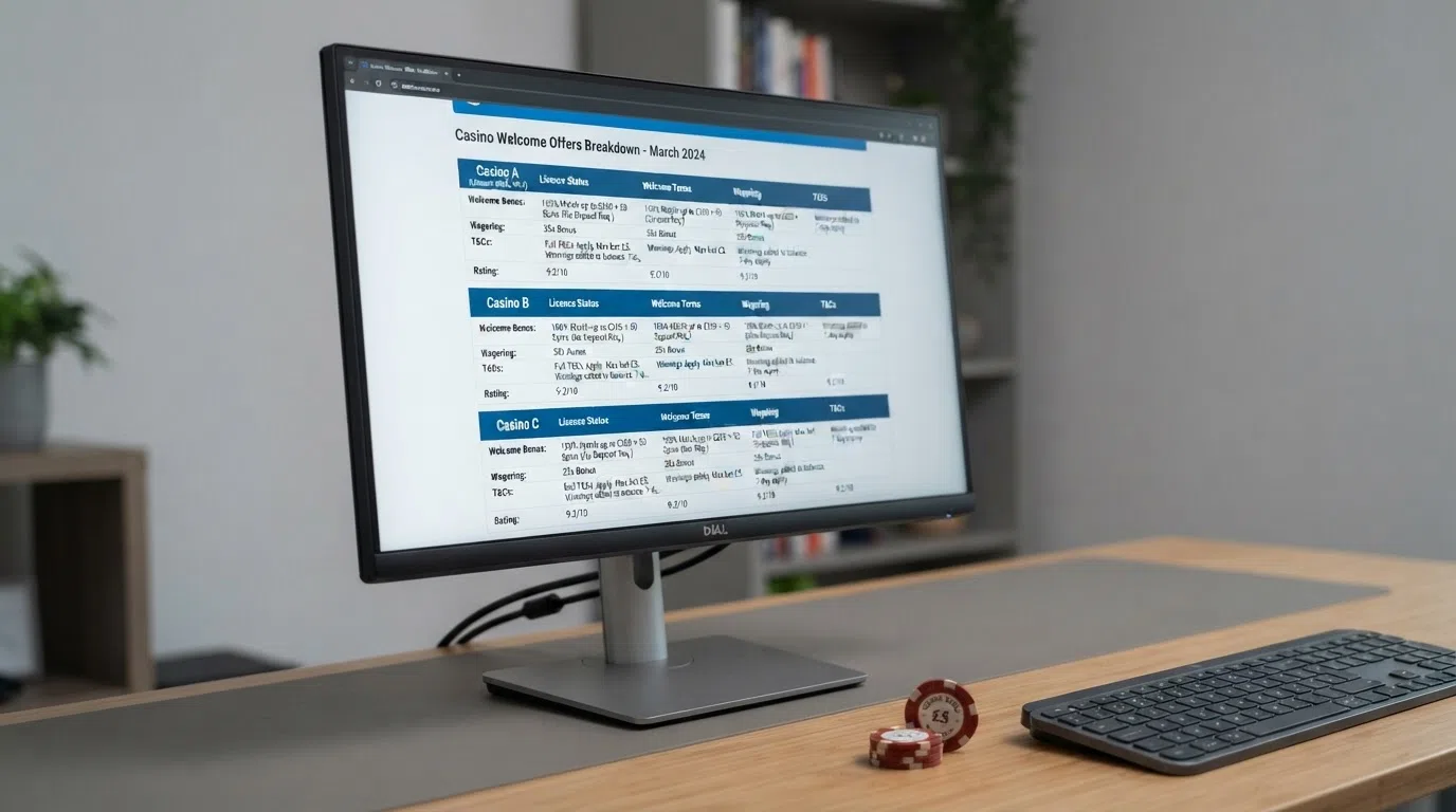 A side-by-side comparison of casino welcome offers on a desktop screen