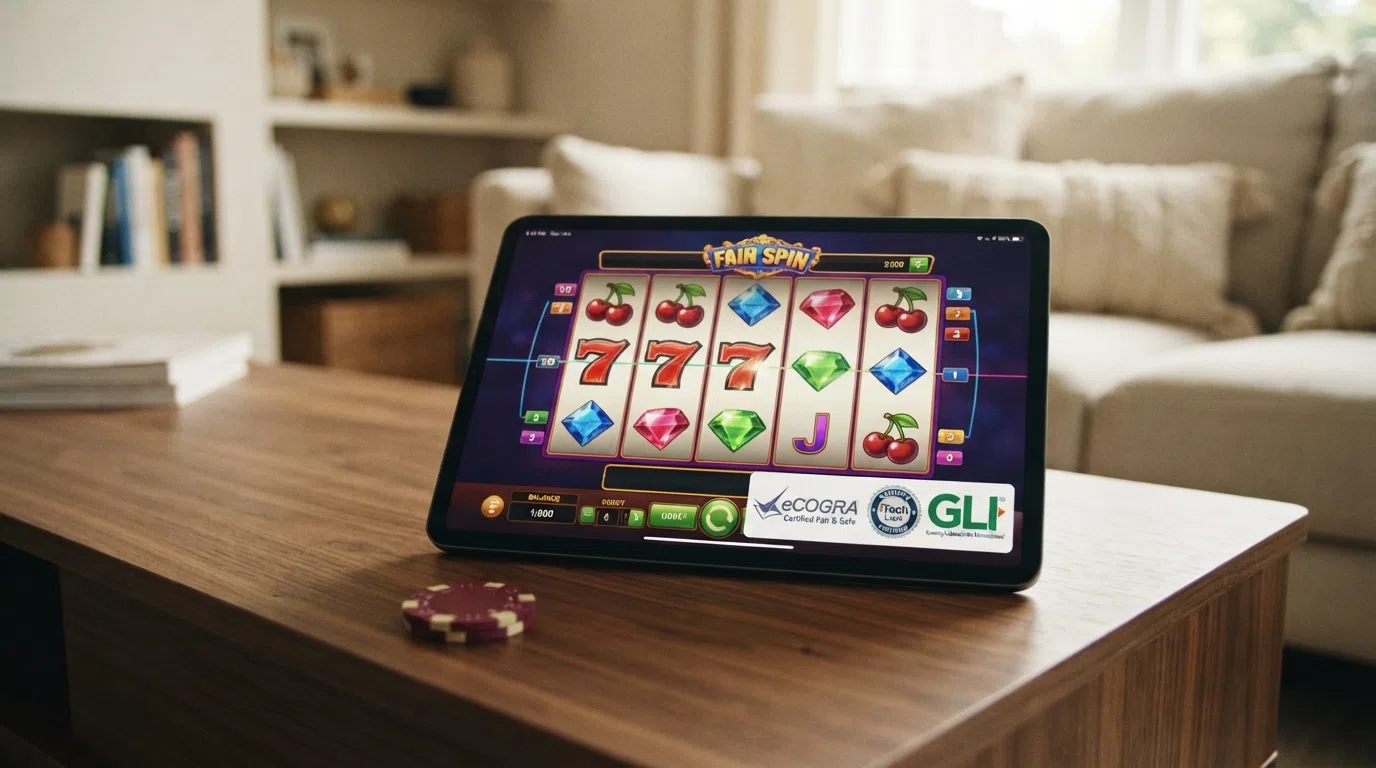 The certification seals of eCOGRA, iTech Labs and GLI displayed alongside a stylised random-number output and slot reel