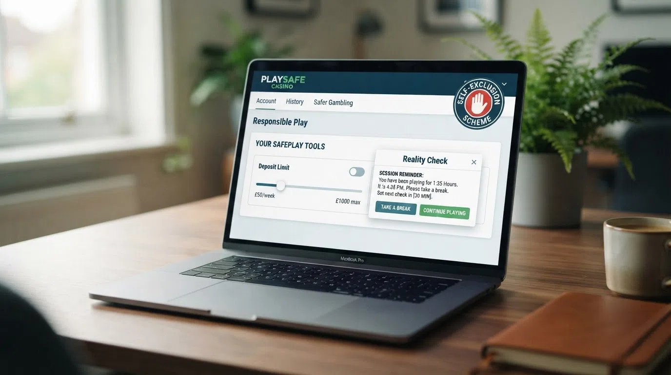 A casino account dashboard screen showing a deposit-limit slider set at a low value, a reality-check pop-up displaying time played, and a GAMSTOP logo in the corner — all over a calm green background.