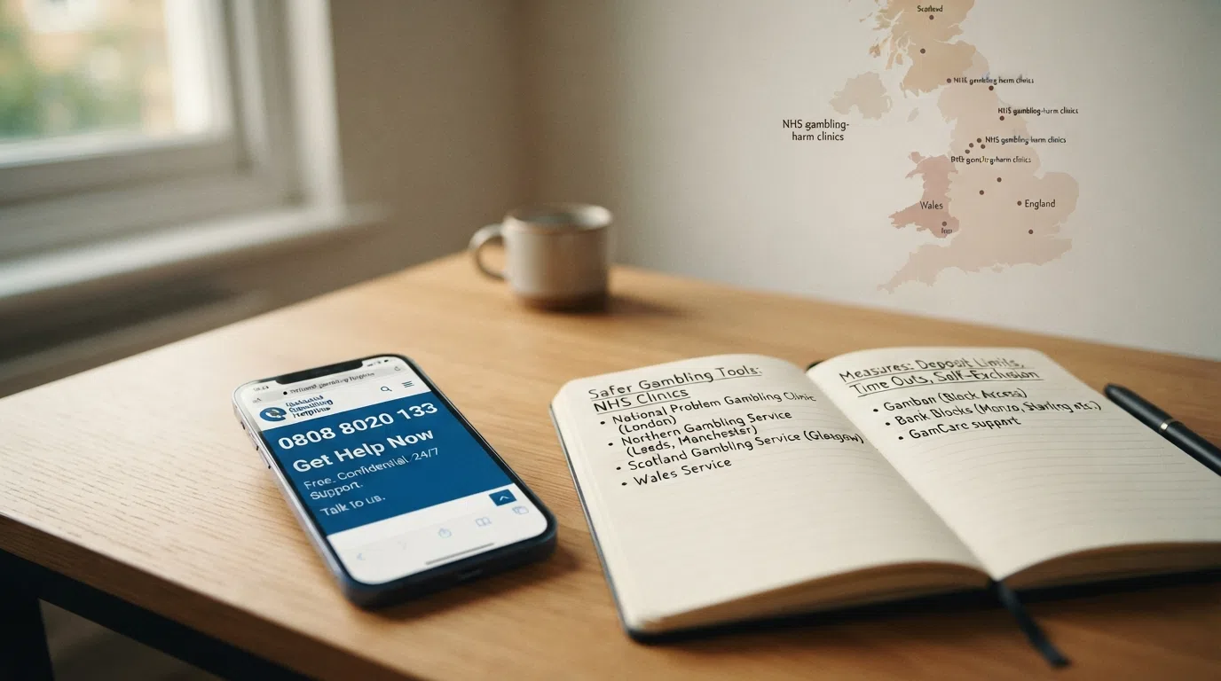 A split visual: a smartphone showing the Gamstop homepage on one side, and the National Gambling Helpline number on the other, with UK clinic locations marked below