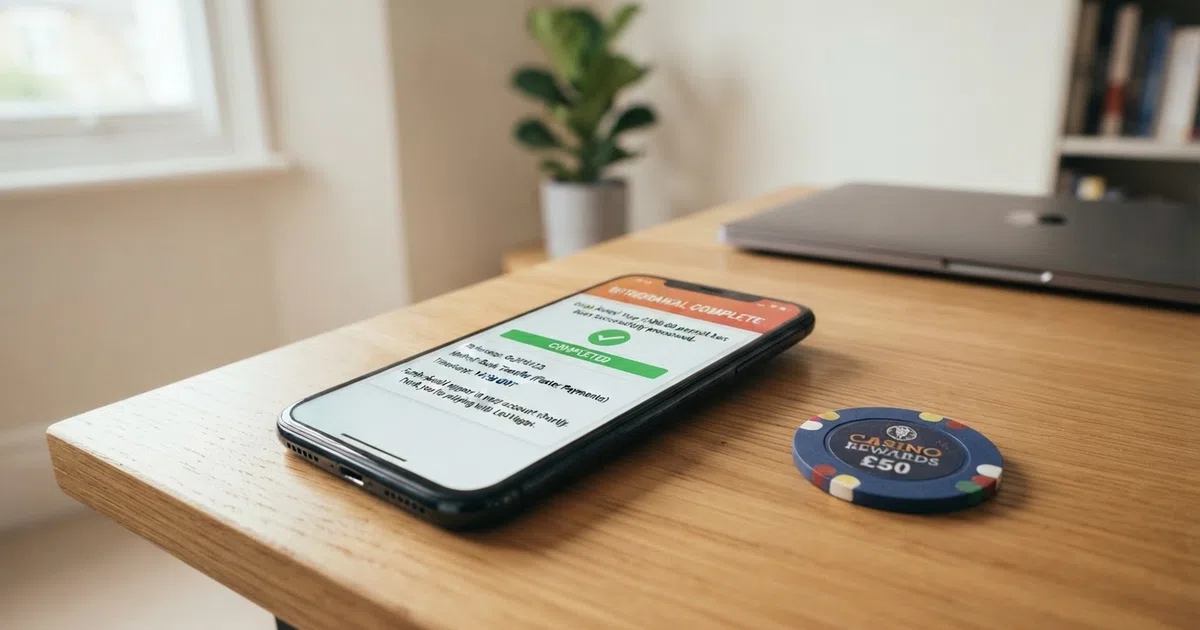 A smartphone screen showing a casino withdrawal confirmation with a status bar progressing from “pending” to “complete,” a debit card visible beside the phone on a clean desk.