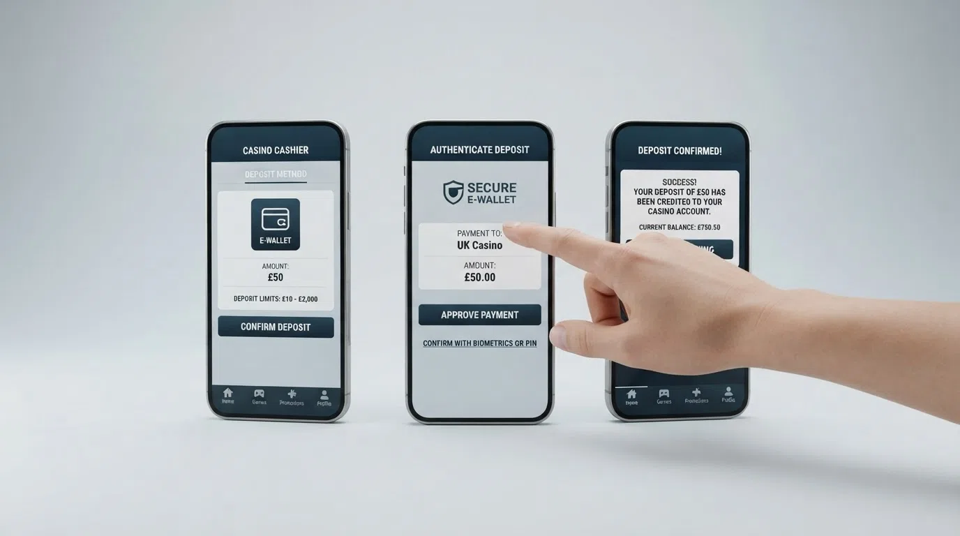 A three-panel illustration showing the Skrill deposit flow — selecting Skrill in the casino cashier, the Skrill authentication screen on a phone, and the confirmed balance appearing in the casino account