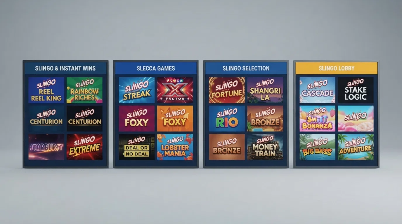 A side-by-side visual comparison of UK casino lobby screens showing Slingo game thumbnails from multiple featured operators