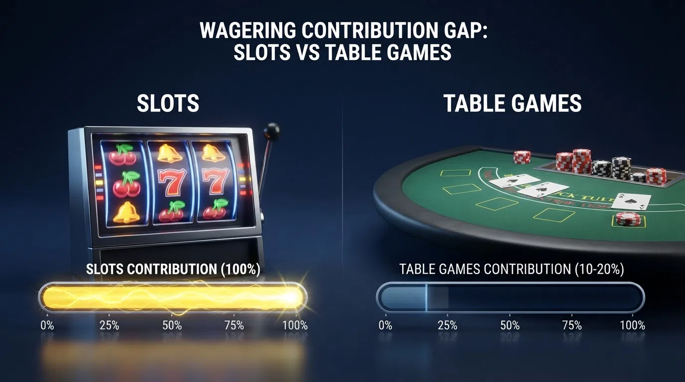 A side-by-side comparison diagram showing slot play contributing 100 percent toward a wagering bar that fills quickly, versus table-game play at 10 to 20 percent where the same bar barely moves