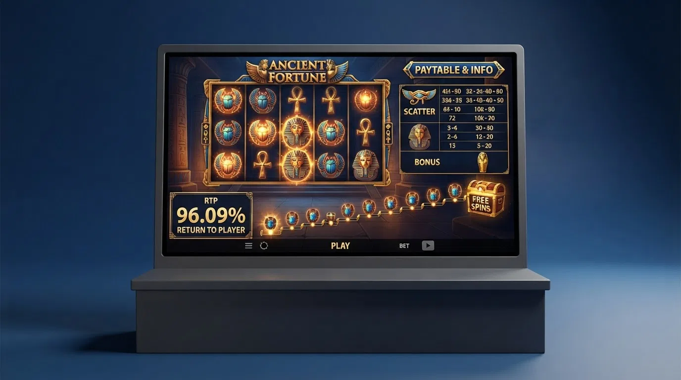 A slot game screen showing its return-to-player percentage beside a paylines grid
