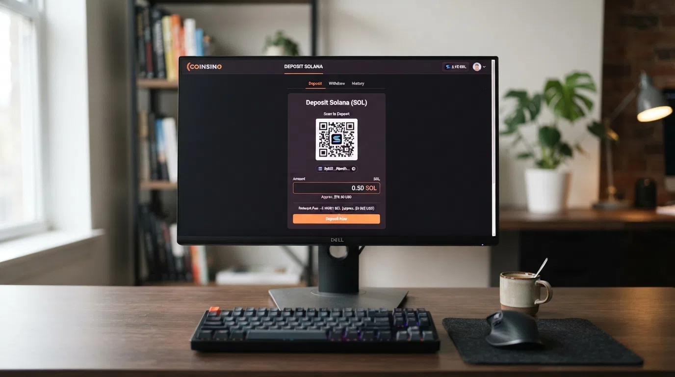 A desktop casino deposit screen with a Solana wallet QR code, an amount field denominated in SOL and a network-fee estimate below it