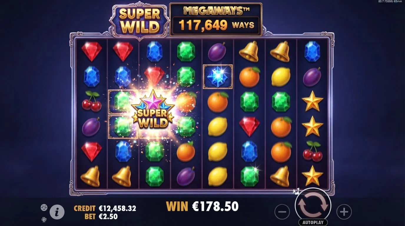 The 6×7 reel grid of Super Wild Megaways mid-spin, Megaways counter displayed above the reels showing 117,649 ways, colourful gem and fruit symbols cascading