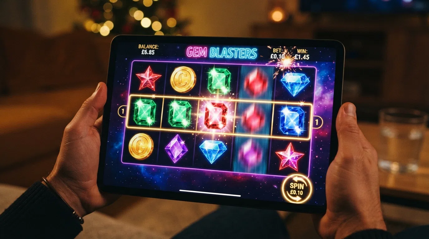 The Starburst slot reels lit up with colourful gems against a dark cosmic background, one payline highlighted