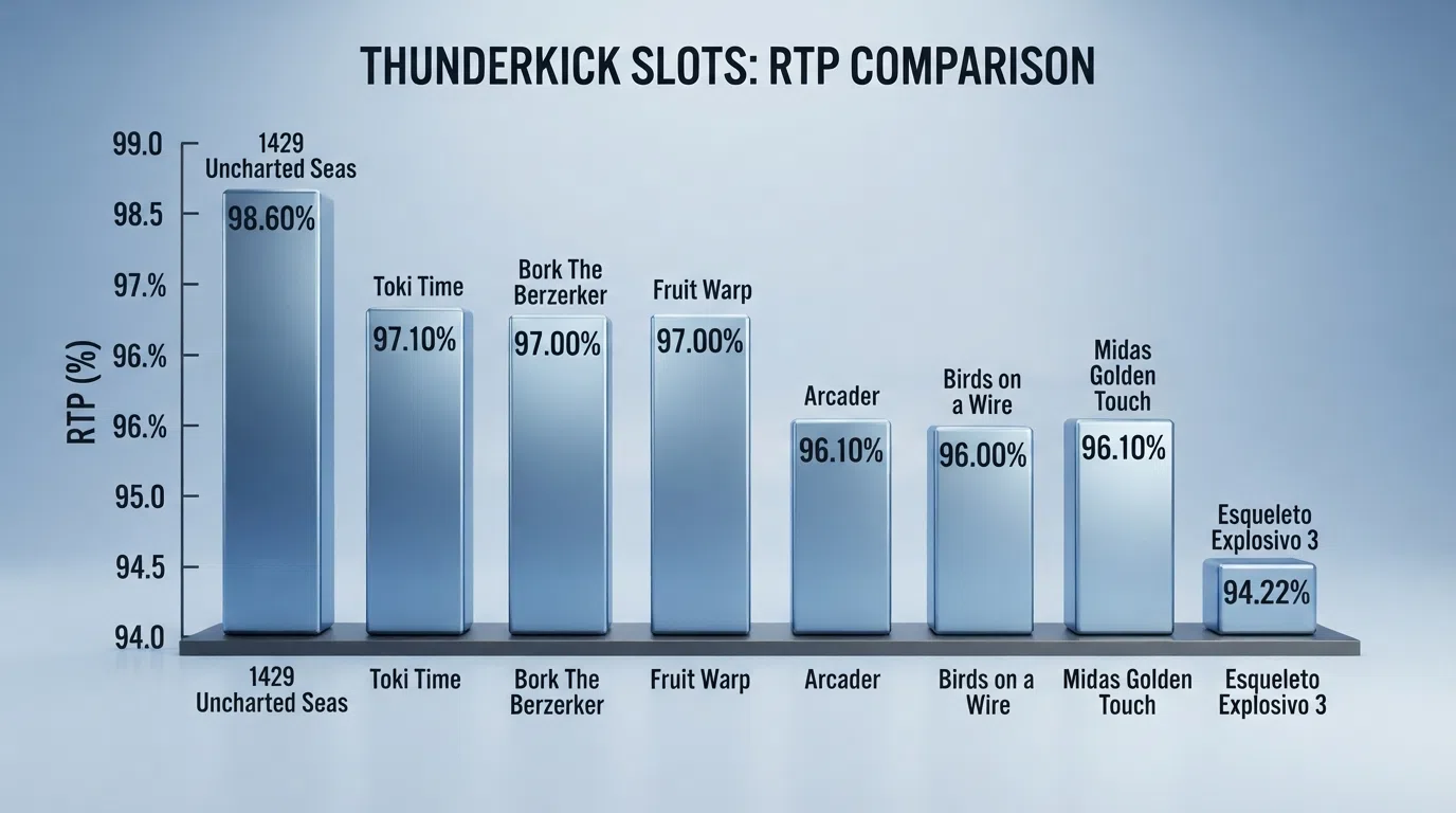 Side-by-side RTP percentage bars for eight Thunderkick slots, with 1429 Uncharted Seas leading at 98.60% and Esqueleto Explosivo 3 at the low end of 94.22%
