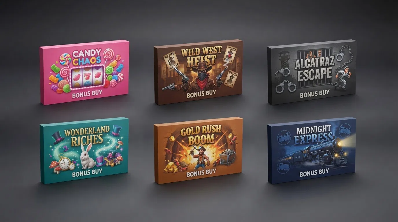 A grid layout of six bonus buy slot title cards featuring Sweet Bonanza, Wanted Dead or a Wild, San Quentin xWays, White Rabbit Megaways, Fire in the Hole xBomb and Money Train 4