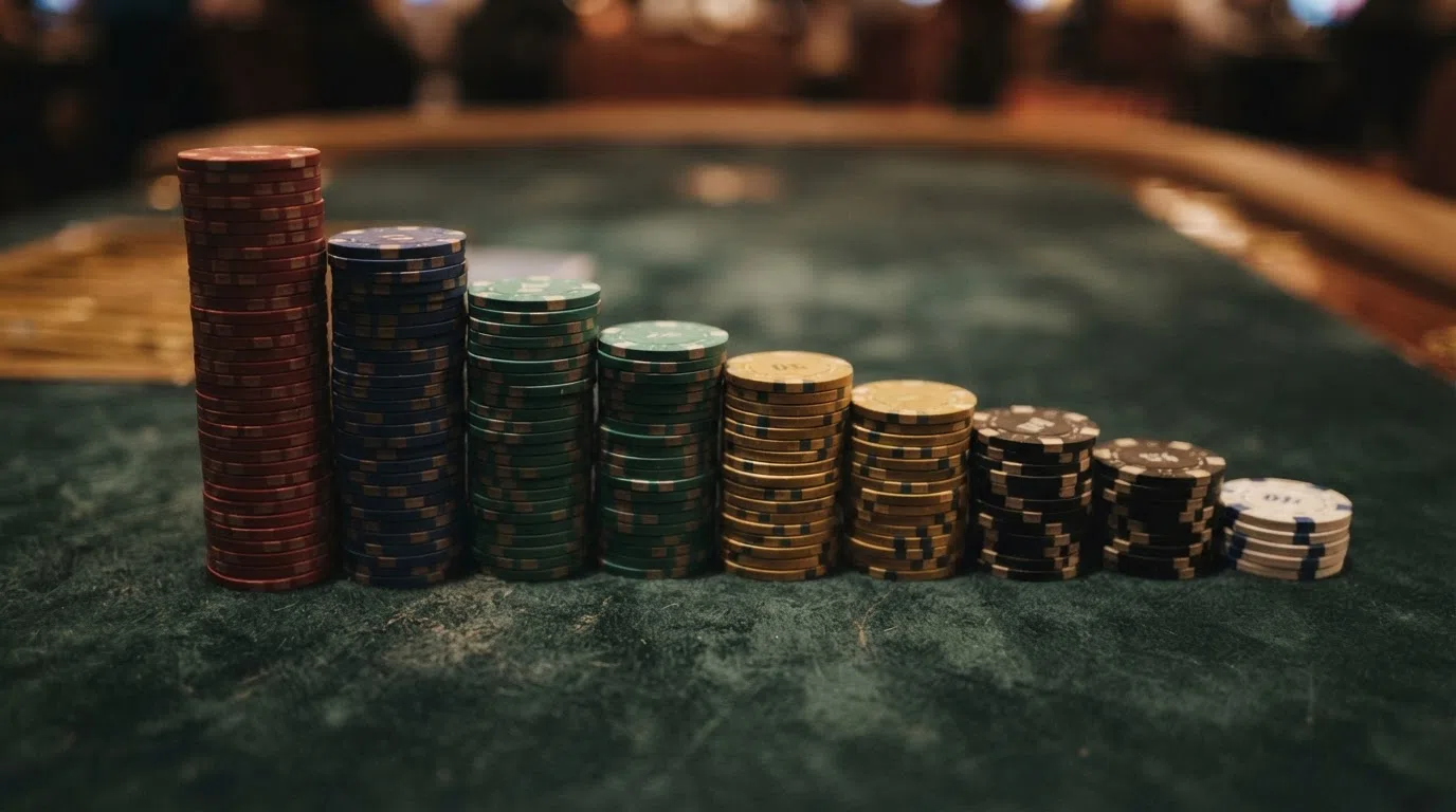 A row of ten abstract casino-chip stacks in descending height from left to right, each chip a different colour, with no text or logos on any chip
