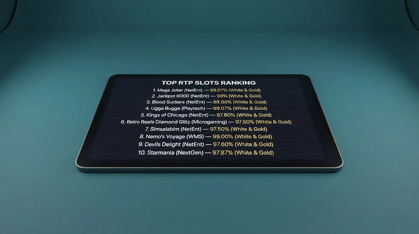 A ranked list of slot game titles with return-to-player percentages beside each