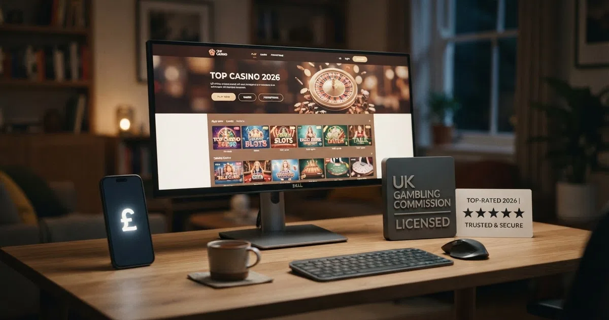 A desktop screen showing a UK online casino homepage beside a UK Gambling Commission licence badge and a five-star rating graphic