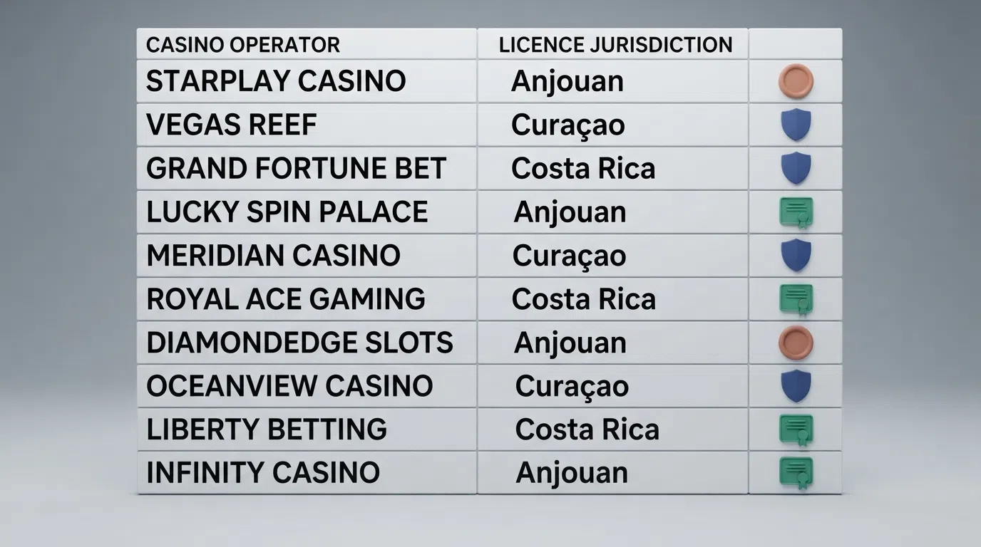 A comparison table listing ten casinos with licence names beside them, none marked UKGC
