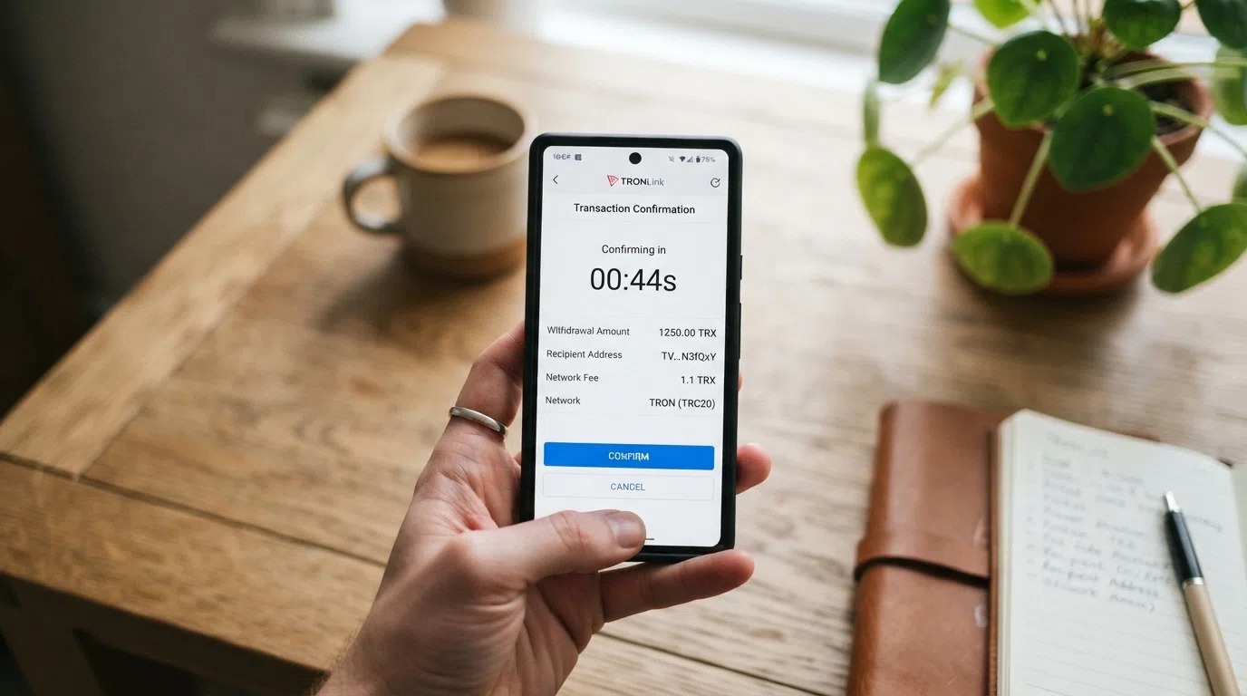 A TRX withdrawal confirmation on a phone with a pending transaction timer