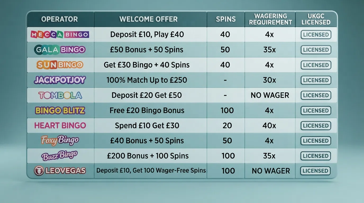 A side-by-side overview of welcome offers, free-spin counts and wagering terms from ten UKGC-licensed bingo-and-slots operators