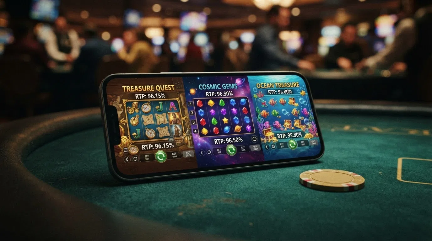 Three popular UK bonus-eligible slot games — Book of Dead, Starburst and Big Bass Bonanza — shown on a smartphone screen with their RTP figures overlaid.