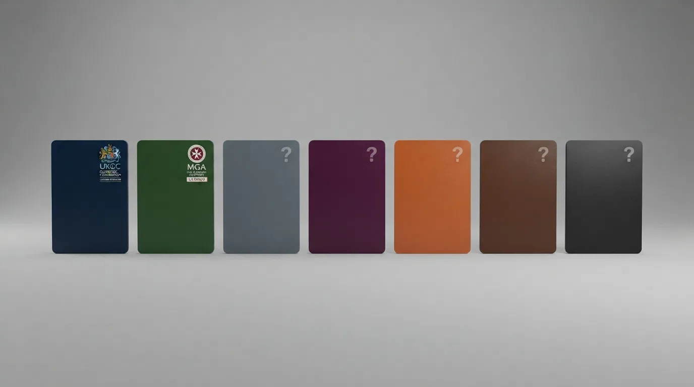 A side-by-side layout of casino welcome-offer cards with UKGC licence badges highlighted on two and question marks on the remaining eight