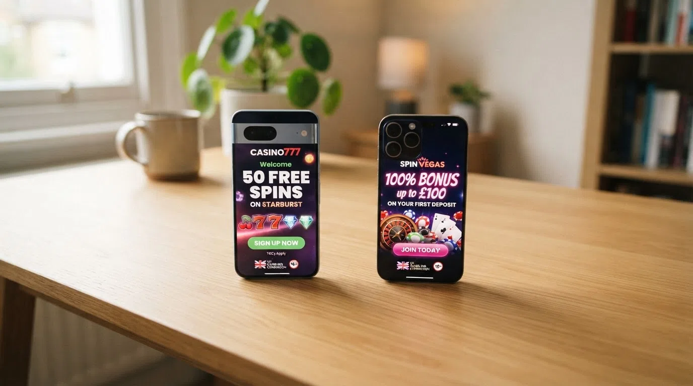 A side-by-side mobile view of two UK casino app welcome-offer screens showing free-spin counts and terms