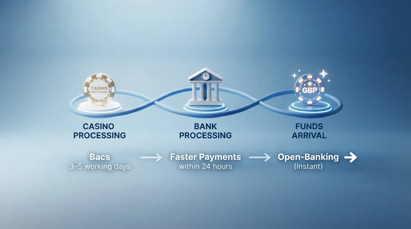 A horizontal timeline graphic showing three stages — casino processing, bank processing, funds arrival — with the Bacs (3–5 working days), Faster Payments (within 24 hours) and open banking (instant) paths labelled beneath