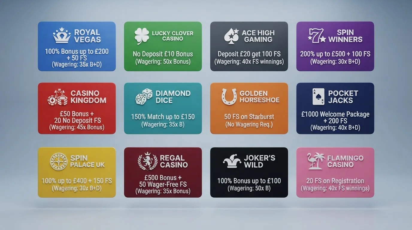A clean side-by-side grid of UKGC-licensed casino brand cards, each showing its welcome-offer type and wagering model beneath its logo
