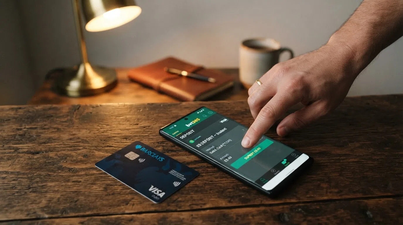 A Visa Debit card and a smartphone displaying a UK online casino cashier deposit screen