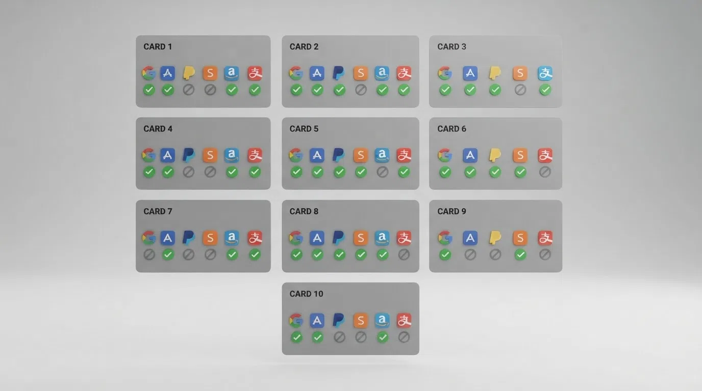 A side-by-side grid of simplified operator cards showing e-wallet logos — PayPal tick, Skrill tick, Neteller cross — to visualise the acceptance split across the featured set.