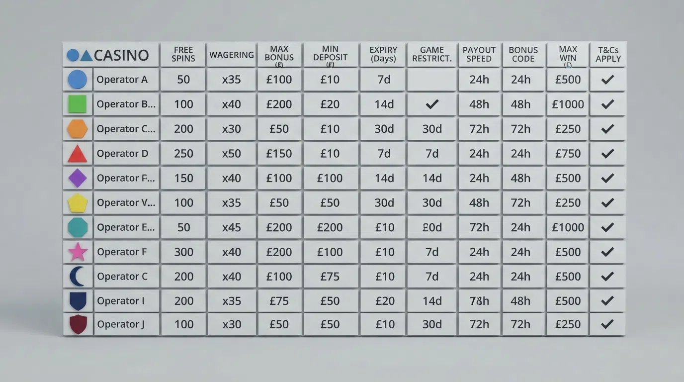 A side-by-side grid comparing welcome-bonus terms across ten UK-licensed casino logos, showing free-spin counts, wagering multipliers and expiry windows