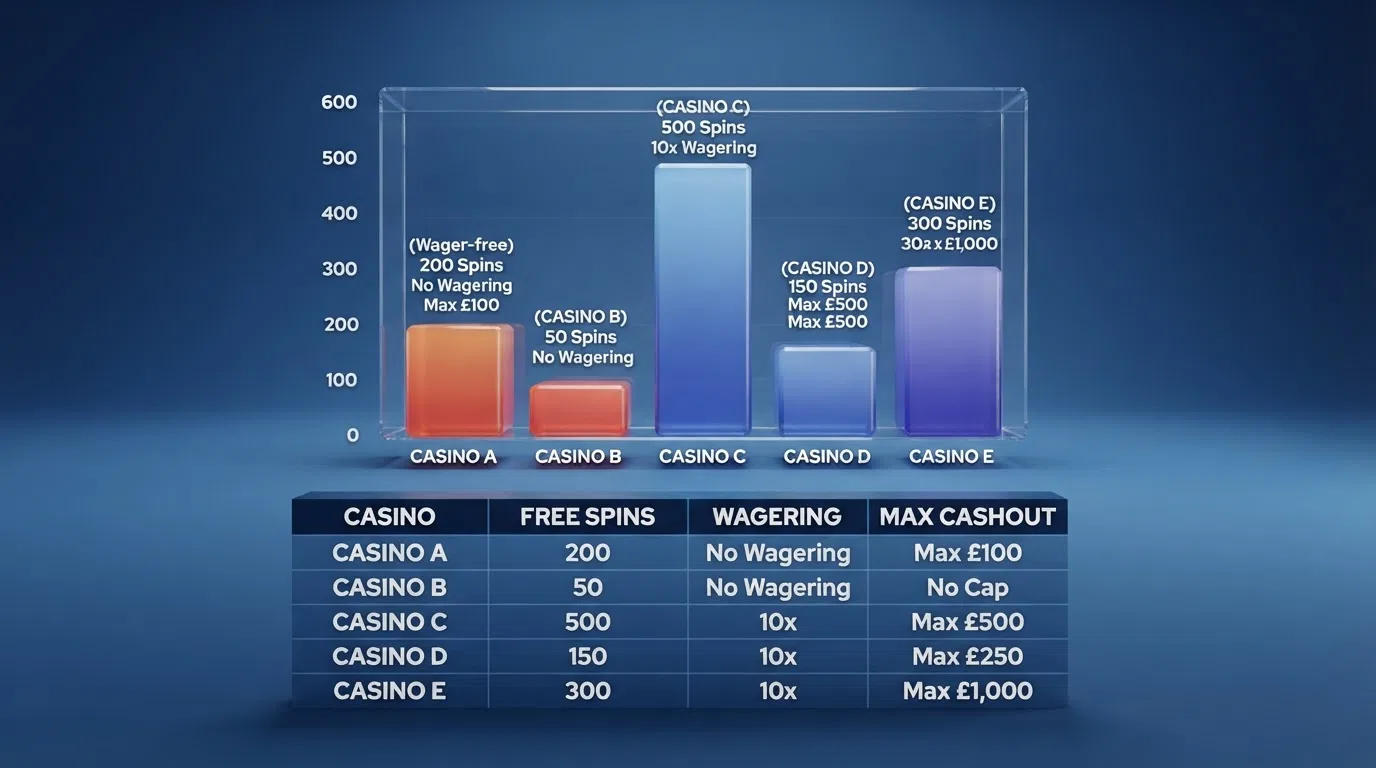 A comparison table listing ten UK casinos with their spin counts, wagering and cashout caps
