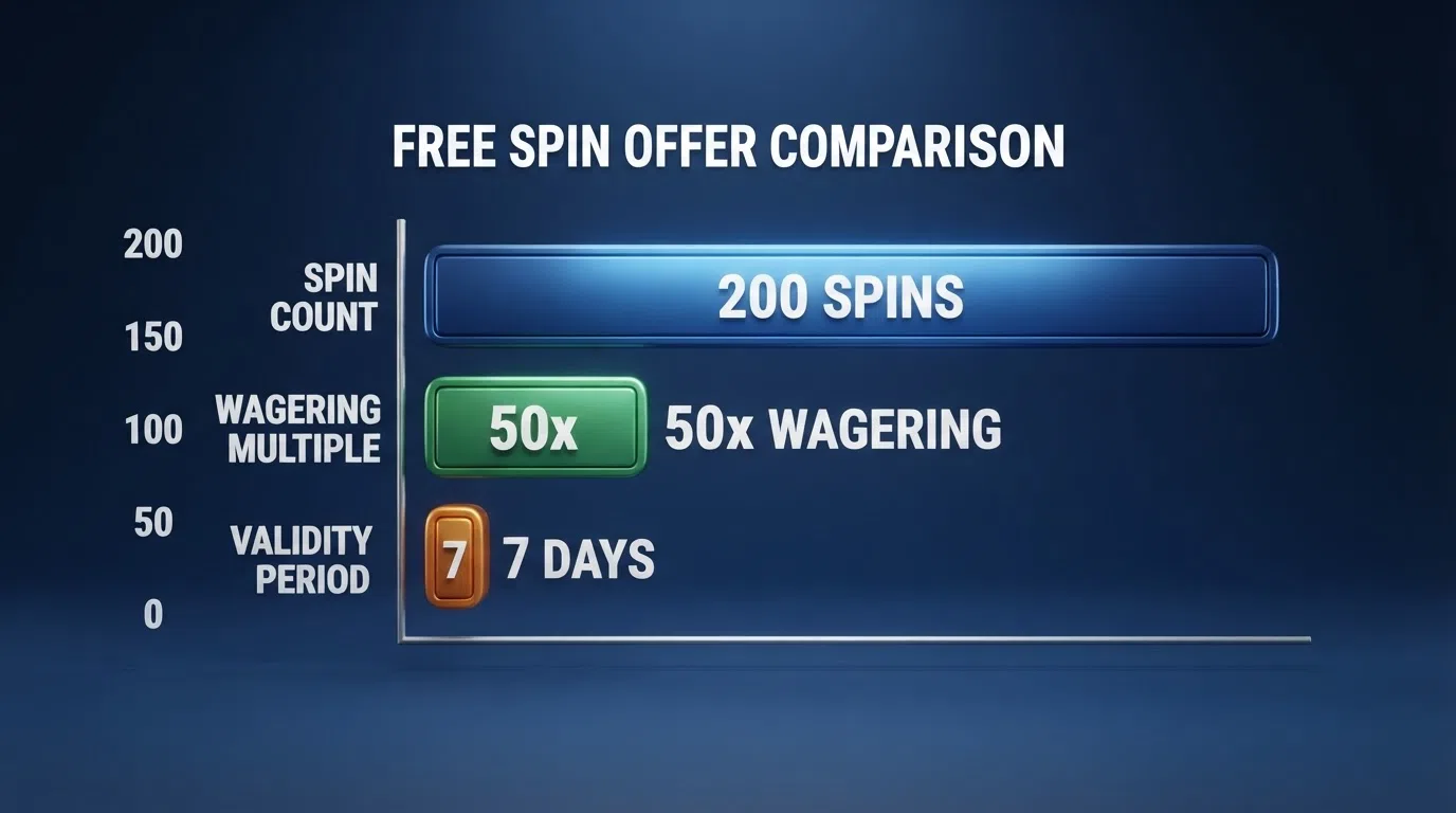 A side-by-side comparison view of casino promotion cards showing different free-spin counts, wagering multiples and validity periods in a grid layout