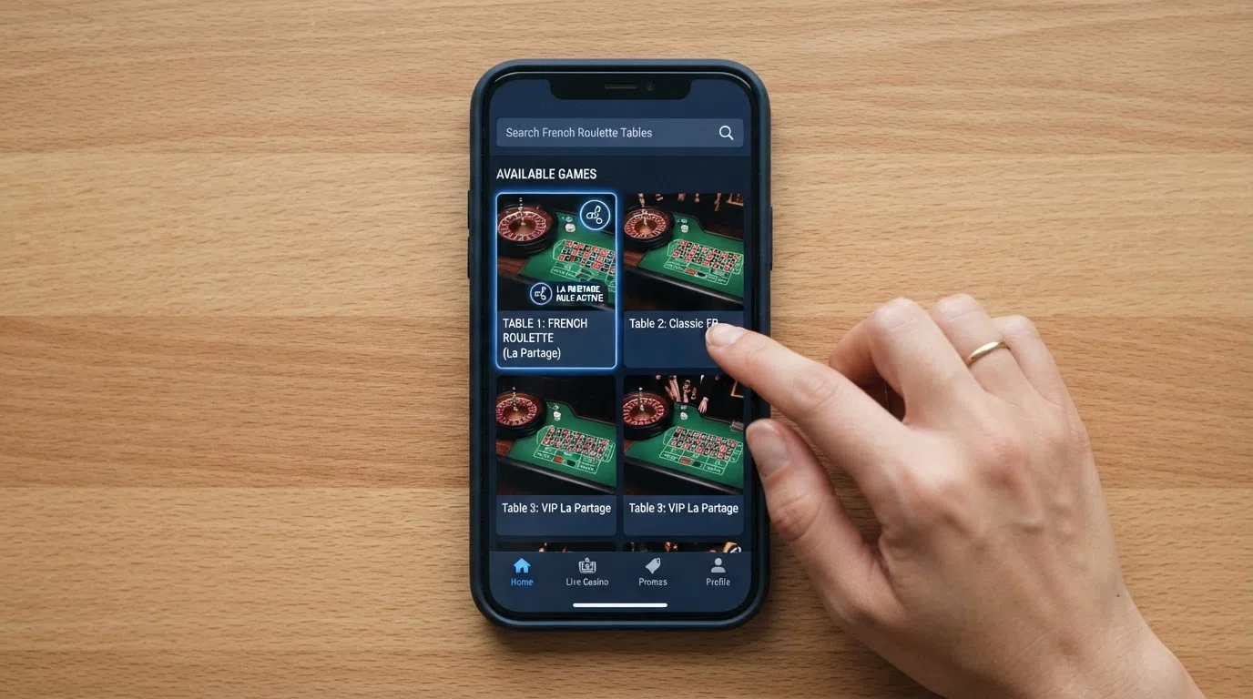 A casino lobby screen displaying French Roulette table thumbnails alongside a search or filter bar
