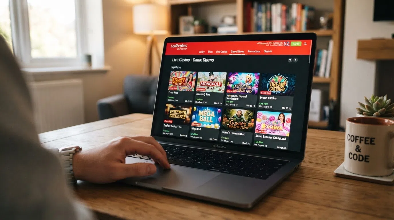 A desktop view of a UK-licensed online casino live-dealer lobby with the game-show category tab open, showing thumbnail cards for multiple Evolution and Playtech titles arranged in a grid