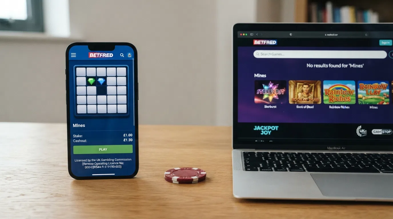A split-screen view showing the Betfred Mines product page on one side and a generic UK casino game lobby with a search bar on the other, illustrating the transparency gap