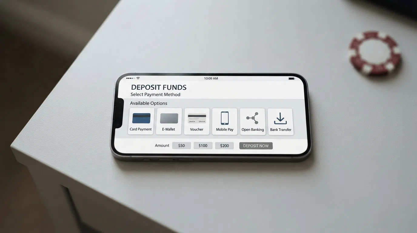 A smartphone displaying a casino deposit screen with icons for debit card, PayPal, Skrill, Paysafecard, Apple Pay and Trustly arranged in a row