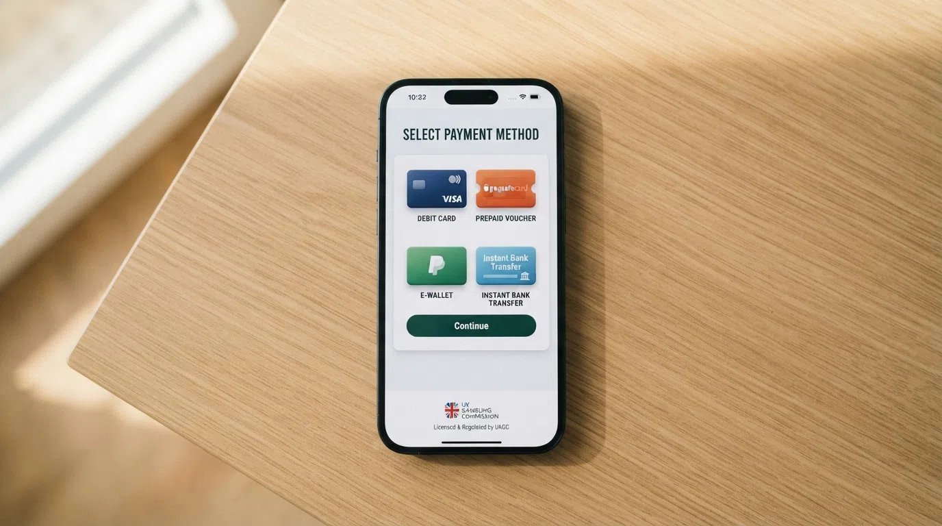 The deposit page of a UK-licensed online casino displaying a row of payment logos: Visa, Mastercard, PayPal, Skrill, Apple Pay and Paysafecard