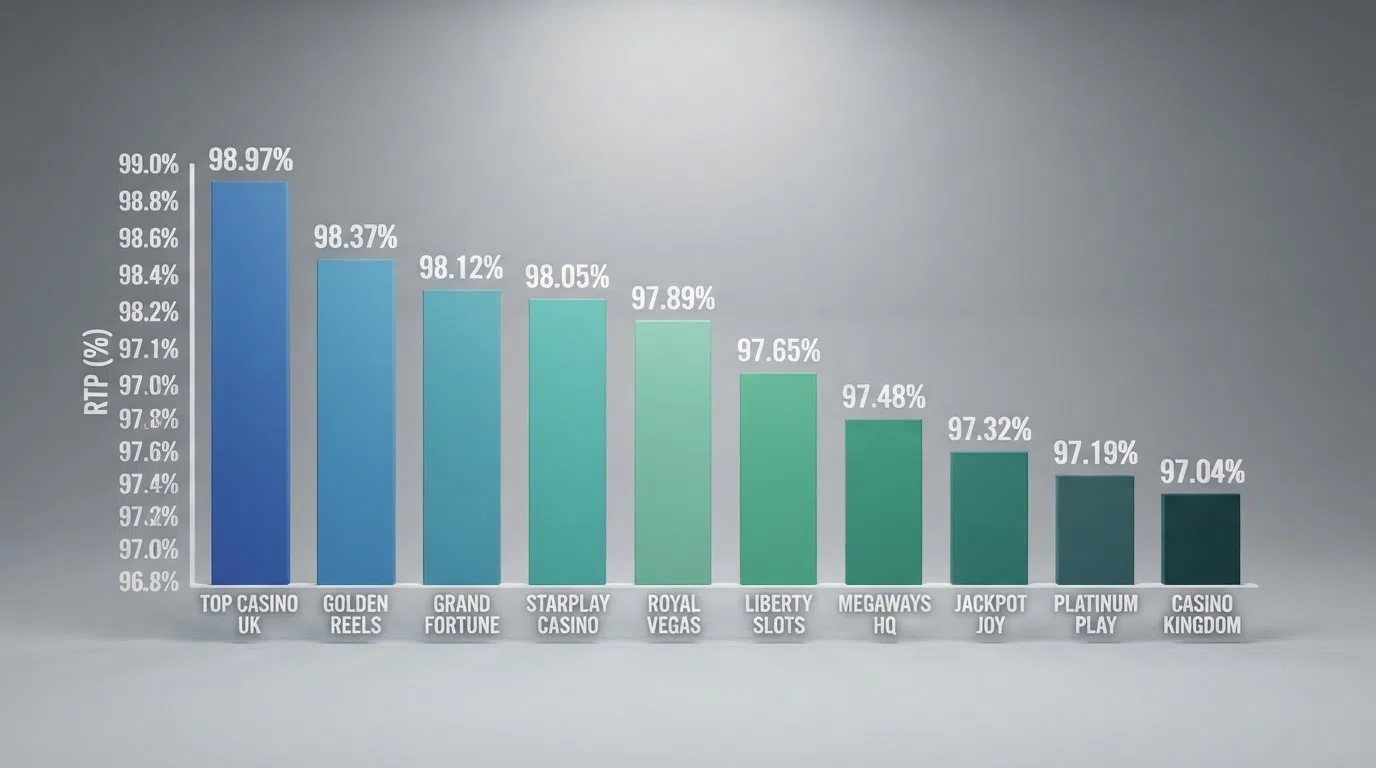 Bar chart comparing the site-wide RTP percentages of ten UK-licensed online casinos
