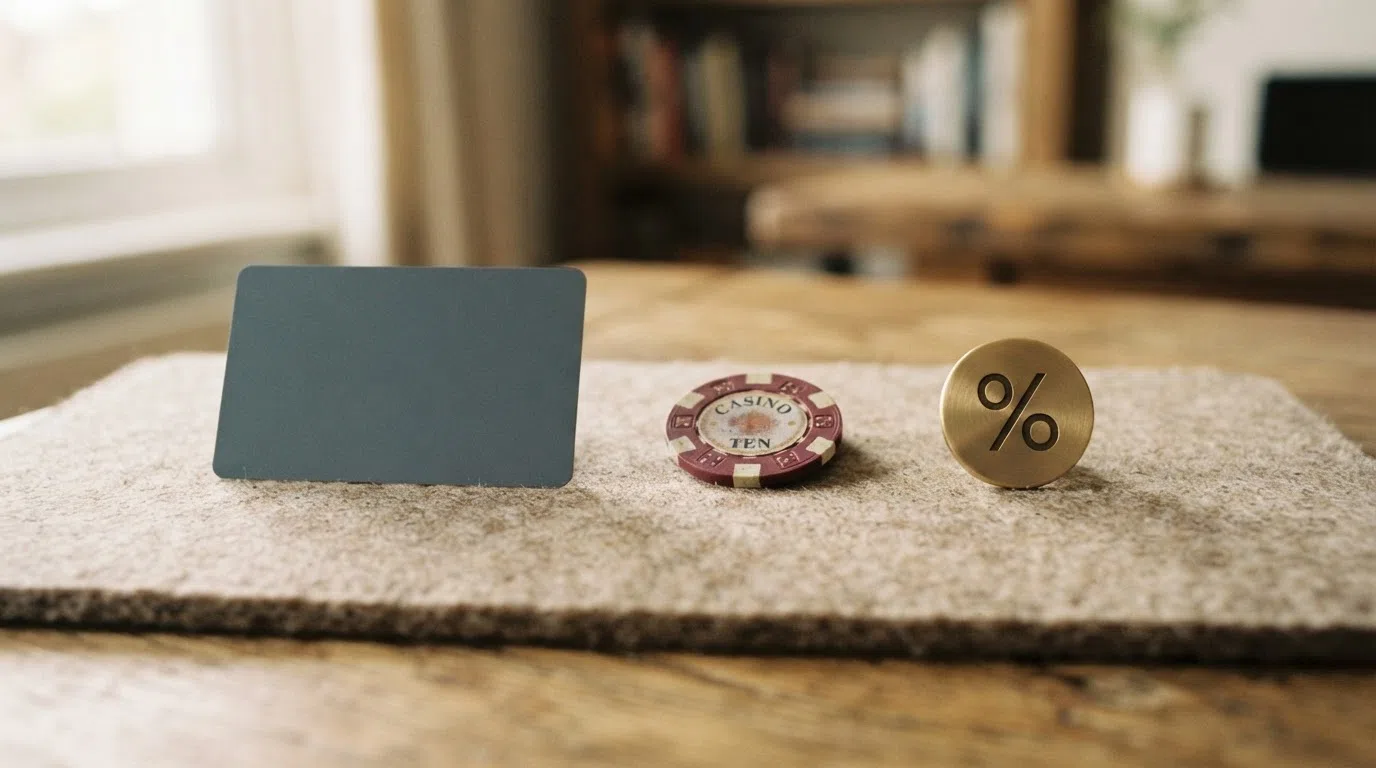 A flat illustration of a card, a coin and a percentage badge arranged in a row