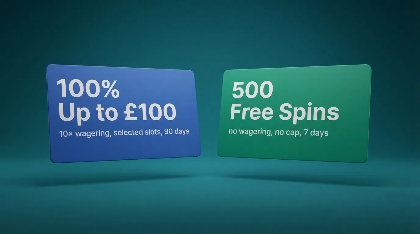 A side-by-side view of UK casino welcome-offer cards showing a 100% deposit match on the left and a free-spins offer on the right, with the key terms visible on each.
