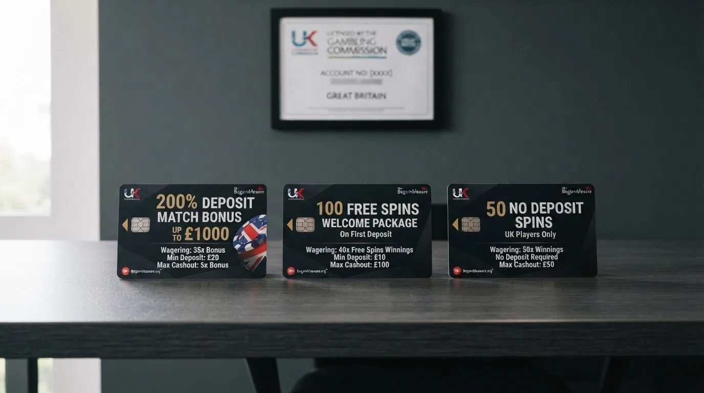 A side-by-side grid of casino welcome-offer cards showing different bonus structures — a percentage match, a free-spins package and a no-deposit spins offer — with their key terms highlighted beneath each one.