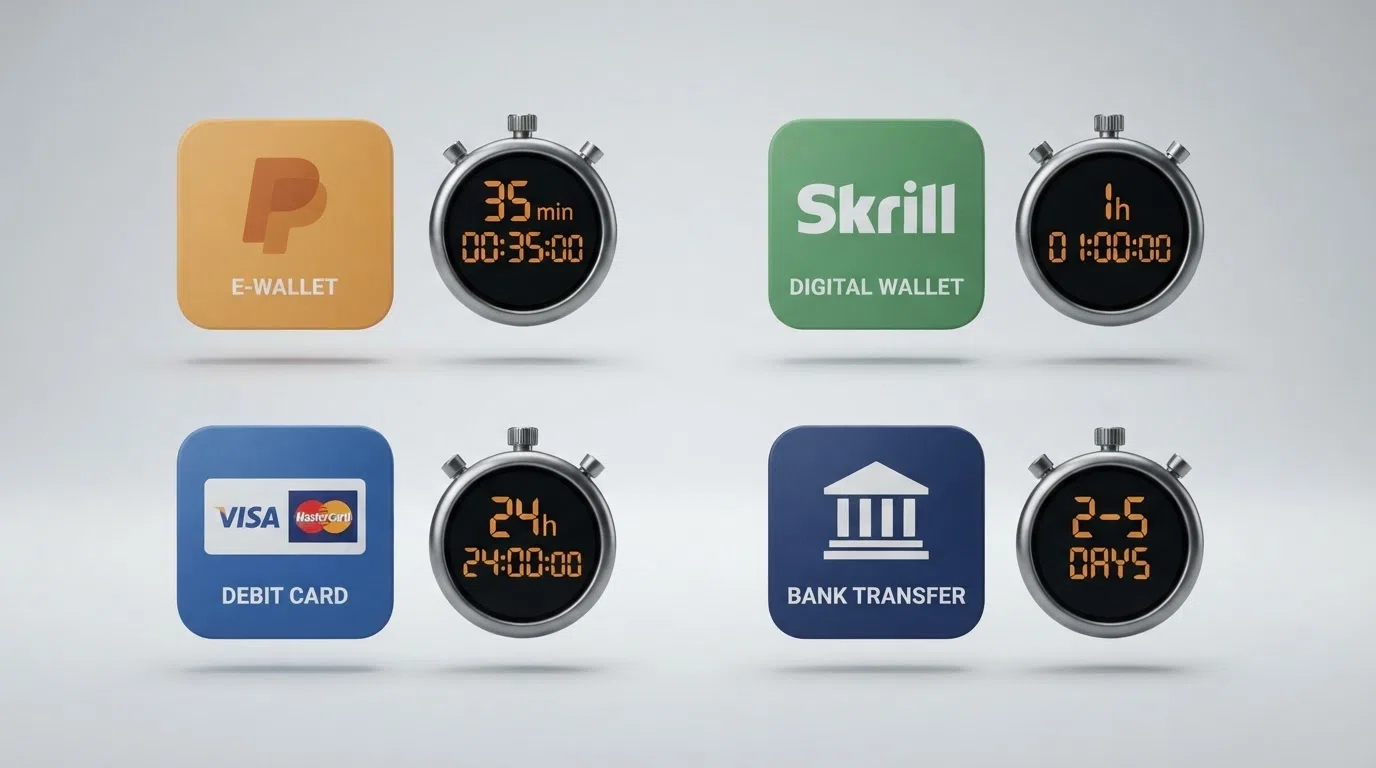 A side-by-side grid of payment-method icons (PayPal, Skrill, Visa, bank transfer) with a stopwatch beside each showing its typical withdrawal settlement time at UK-licensed casinos